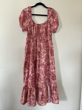 Boho Paisley Midi Dress Large Puff Sleeve Flowy Romantic Tassel Festival
